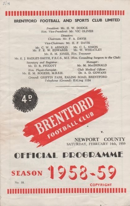 Brentford v Newport County 14-Feb-1959