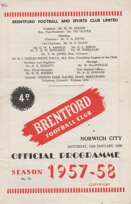 Brentford v Norwich City  11-Jan-1958