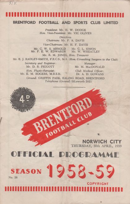Brentford v Norwich City  30-Apr-1959