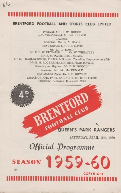 Brentford v Queens Park Rangers 16-Apr-1960