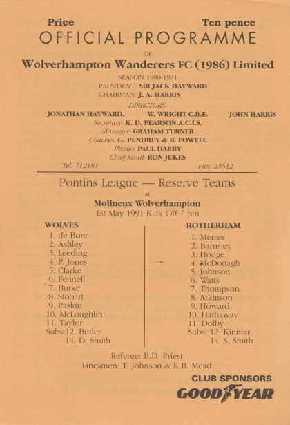 Wolverhampton Wanderers Reserves v Rotherham United Reserves 01-May-1991