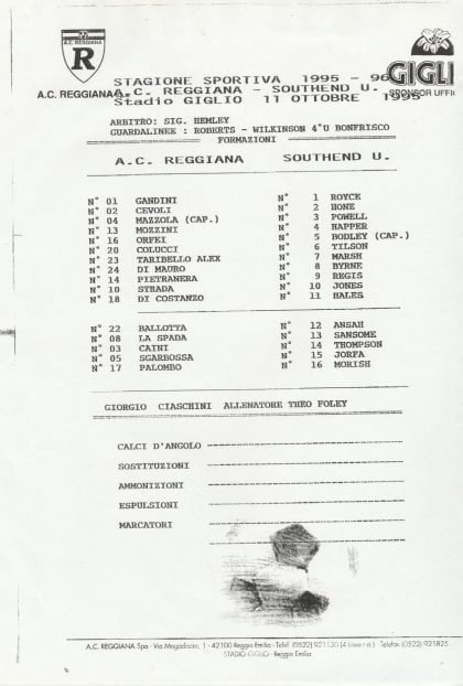 AC Reggiana v Southend United  11-Oct-1995