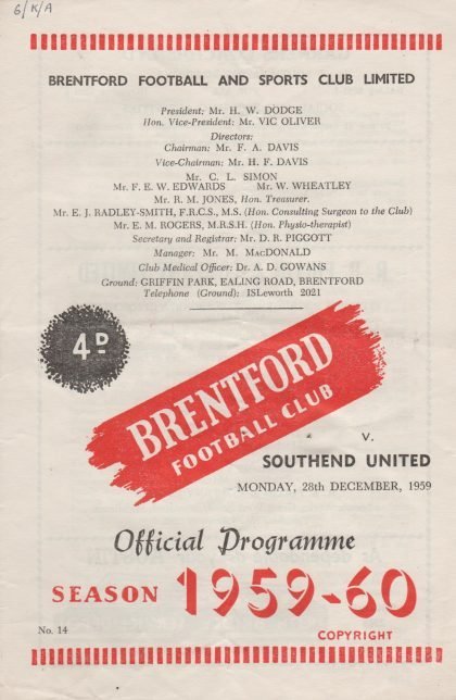 Brentford v Southend United 28-Dec-1959