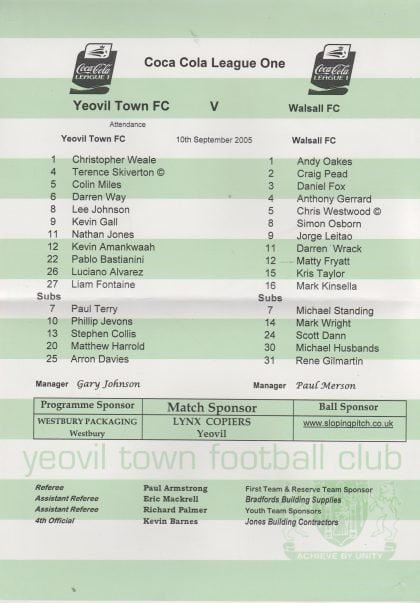 Yeovil Town v Walsall  10-Sep-2005