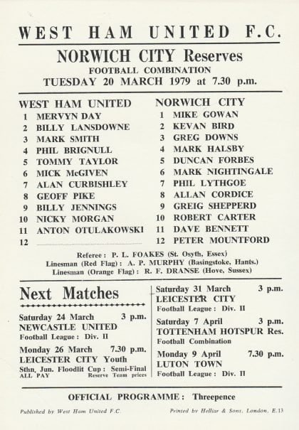 West Ham United Reserves v Norwich City Reserves  20-Mar-1979