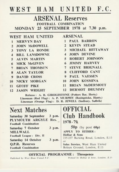 West Ham United Reserves v Arsenal Reserves  25-Sep-1978