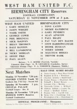 West Ham United Reserves v Birmingham City Reserves  11-Nov-1978