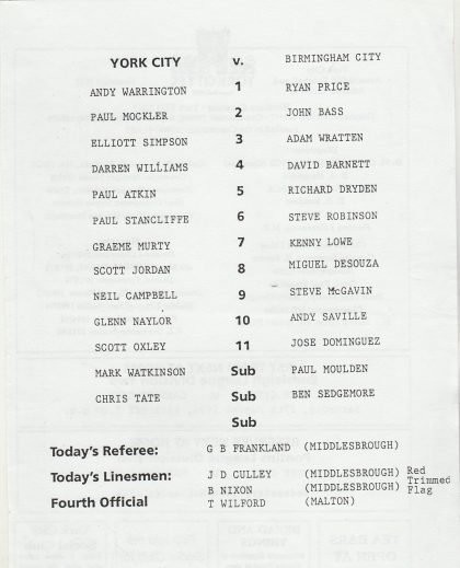York City Reserves v Birmingham City Reserves 24-Aug-1994