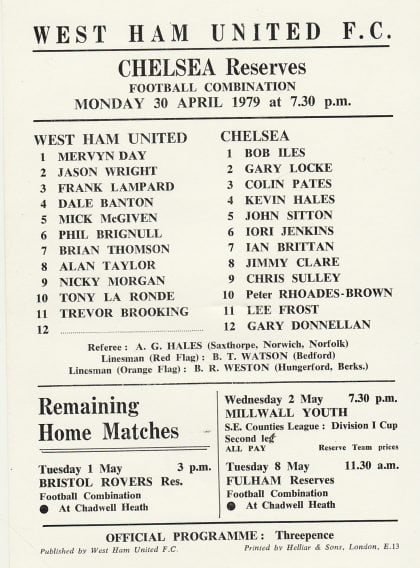 West Ham United Reserves v Chelsea Reserves  30-Apr-1979