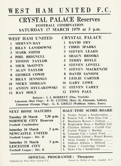 West Ham United Reserves v Crystal Palace Reserves  17-Mar-1979