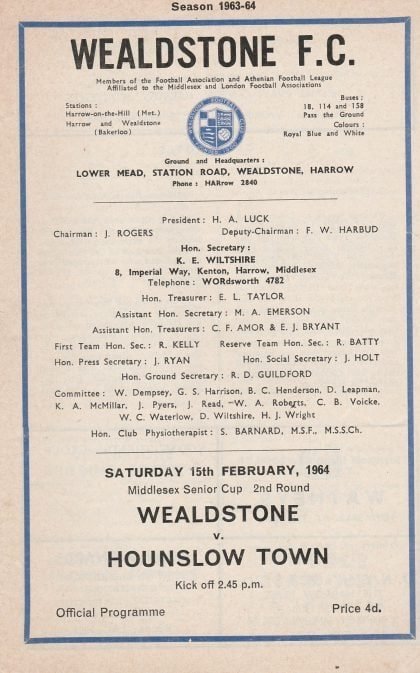 Wealdstone v Hounslow Town   15-Feb-1964