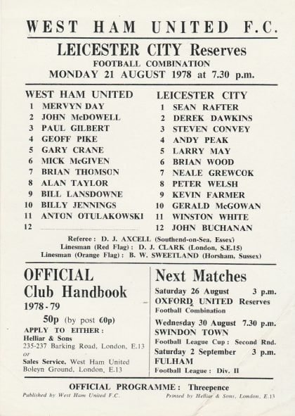 West Ham United Reserves v Leicester City Reserves  21-Aug-1978