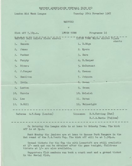 Watford Reserves v Luton Town Reserves  28-Nov-1967