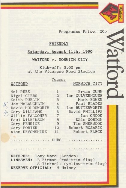 Watford v Norwich City 11-Aug-1990