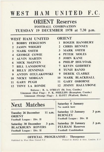 West Ham United Reserves v Leyton Orient Reserves  19-Dec-1978