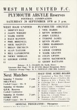 West Ham United Reserves v Plymouth Argyle Reserves  30-Sep-1978