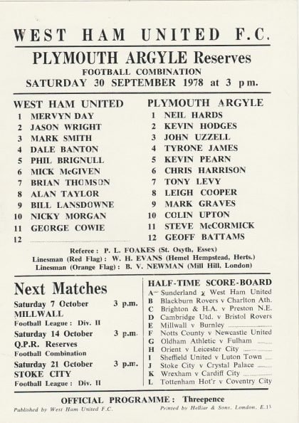 West Ham United Reserves v Plymouth Argyle Reserves  30-Sep-1978
