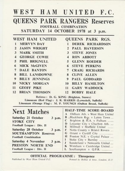 West Ham United Reserves v Queens Park Rangers Reserves  30-Sep-1978