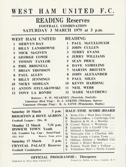 West Ham United Reserves v Reading Reserves  03-Mar-1979