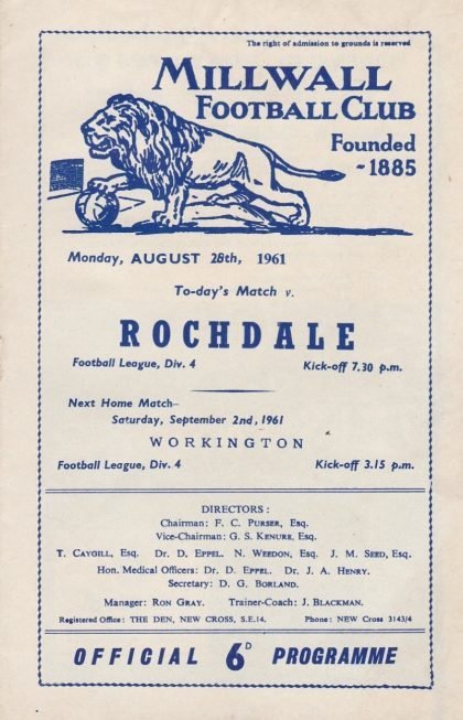 Millwall v Rochdale 28-Aug-1961