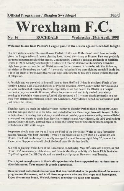 Wrexham Reserves v Rochdale Reserves  29-Apr-1998