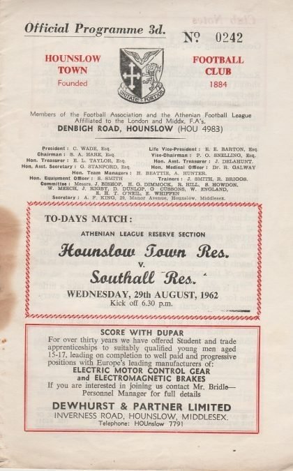 Hounslow Town Reserves v Southall Reserves 29-Aug-1962