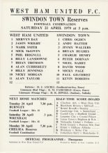 West Ham United Reserves v Swindon Town Reserves  21-Apr-1979