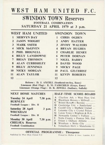 West Ham United Reserves v Swindon Town Reserves  21-Apr-1979