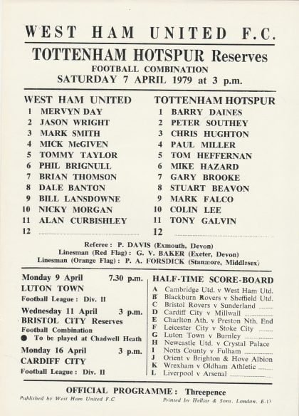 West Ham United Reserves v Tottenham Hotspur Reserves  07-Apr-1979