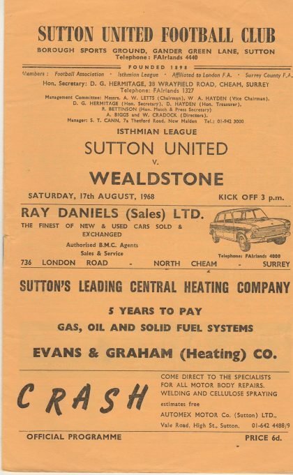 Sutton United v Wealdstone  17-Aug-1968