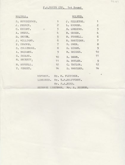 Walsall Youth v Wolverhampton Wanderers Youth 1988-89