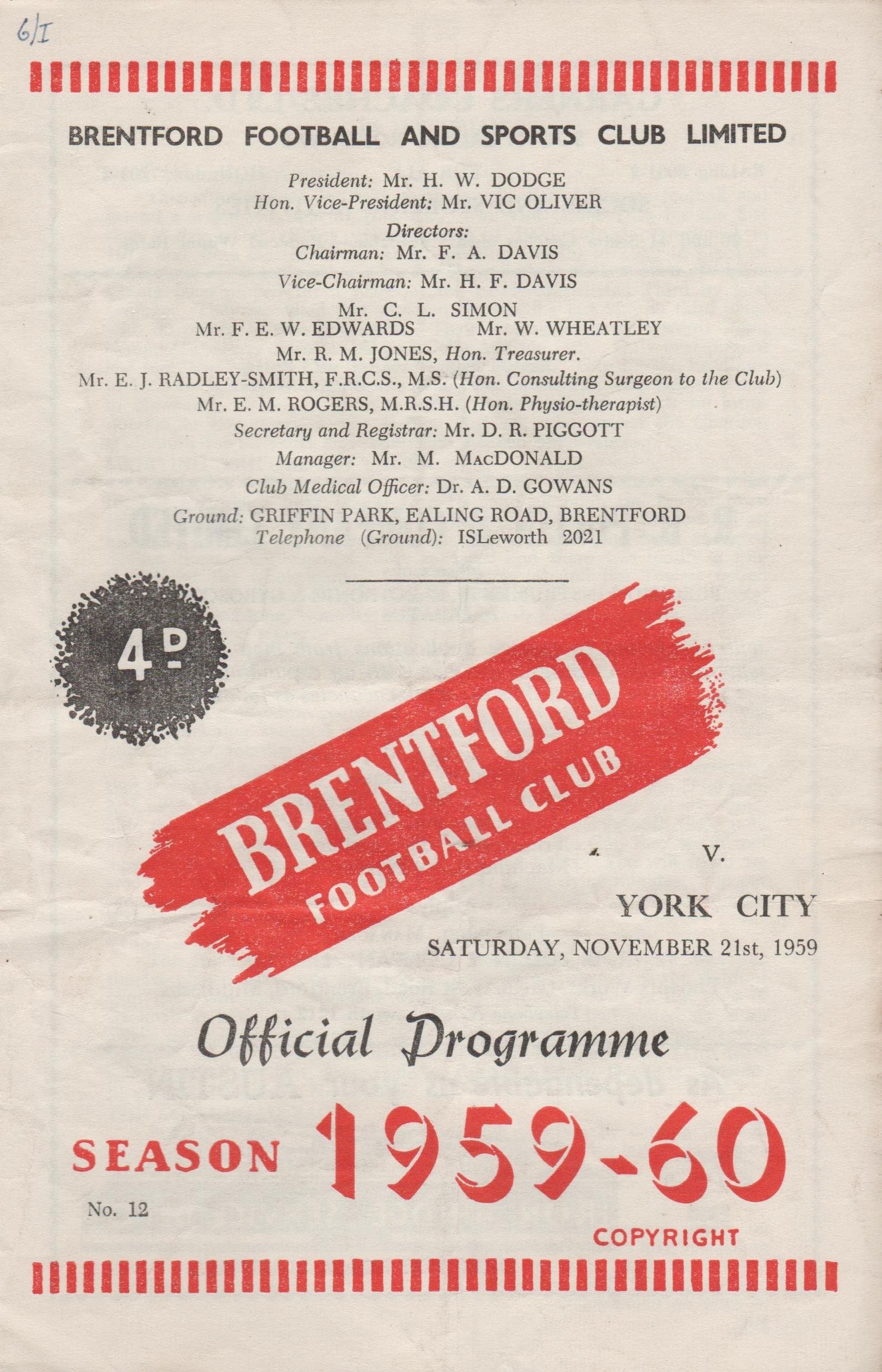 Brentford v York City 21-Nov-1959