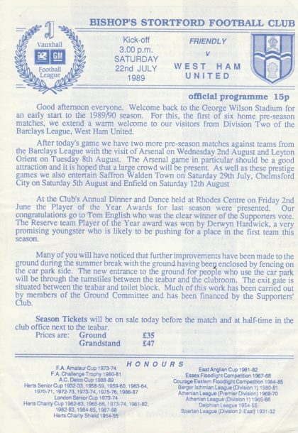Bishop's Stortford v West Ham United 22-Jul-1989