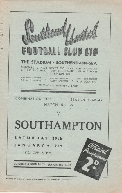 Southend United Reserves v Southampton Reserves 29-Jan-1949
