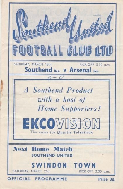 Southend United Reserves v Arsenal Reserves 18-Mar-1950