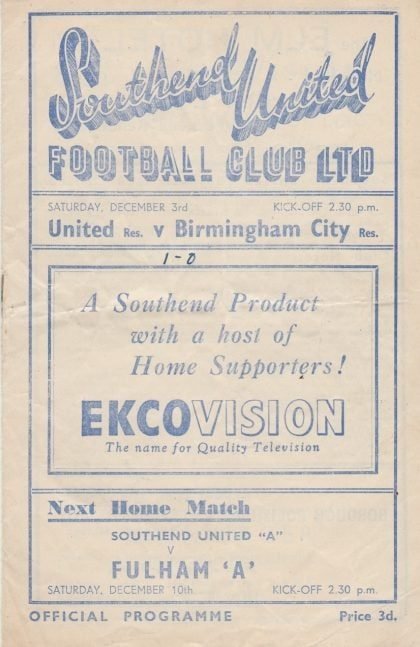 Southend United Reserves v Birmingham City Reserves 03-Dec-1949