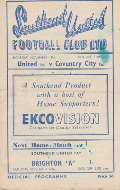 Southend United Reserves v Coventry City Reserves 19-Nov-1949