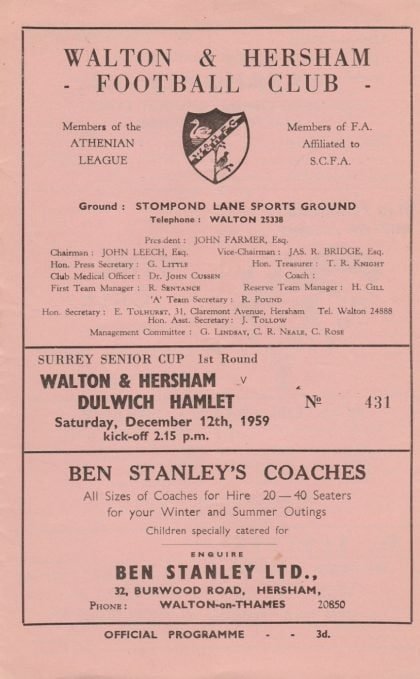Walton & Hersham v Dulwich Hamlet 12-Dec-1959