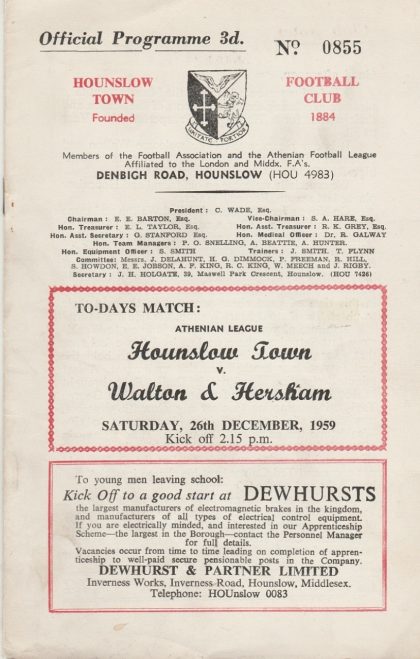 Hounslow Town v Walton & Hersham 26-Dec-1959