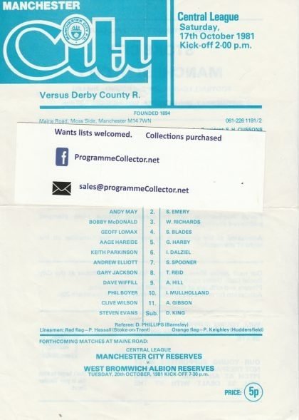 Manchester City Reserves v Derby County Reserves 17-Oct-1981