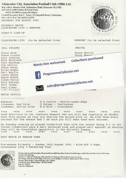 Gloucester City v Newport  08-Aug-1992