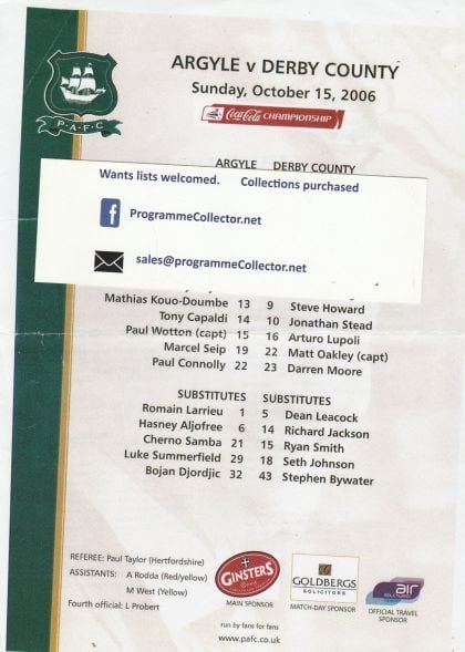 Plymouth Argyle v Derby County 15-Oct-2006