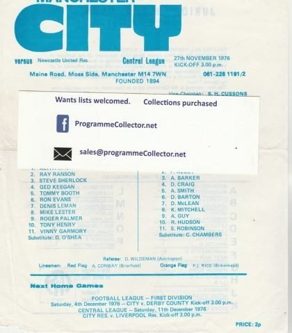 Manchester City Reserves v Manchester United Reserves 27-Nov-1976