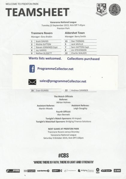 Tranmere Rovers v Aldershot Town 22-Sep-2015