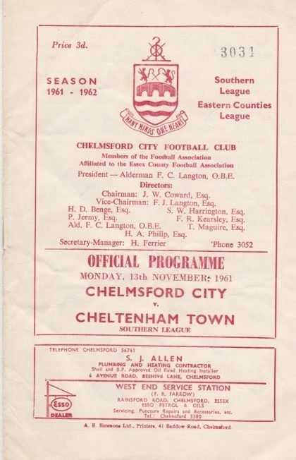 Chelmsford City v Cheltenham Town 13-Nov-1961