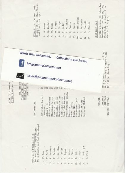 Stoke City Reserves v Aston Villa Reserves  21-Jan-1993