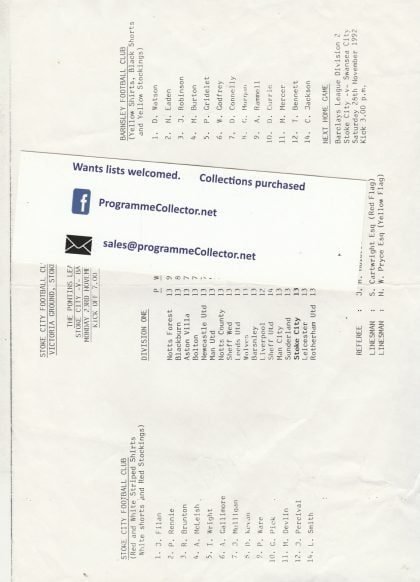 Stoke City Reserves v Barnsley Reserves  23-Nov-1992
