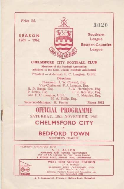 Chelmsford City v Bedford Town 18-Nov-1961