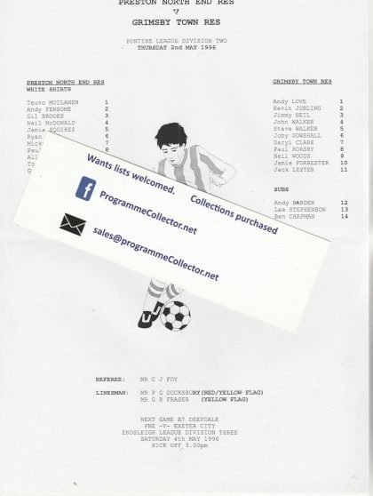 Preston North End Reserves v Grimsby Town Reserves  02-May-1996