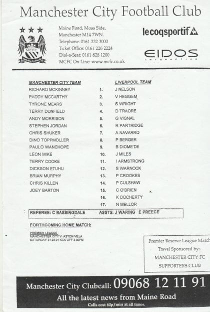 Manchester City Reserves v Liverpool Reserves 2000-01